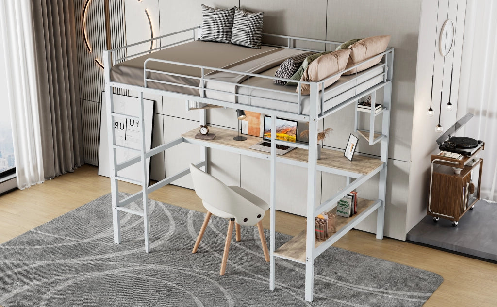 DESMIU Letto a soppalco 90 × 200 cm 1 posto con scrivania, 4 mensole e libreria, senza materasso, in metallo, bianco