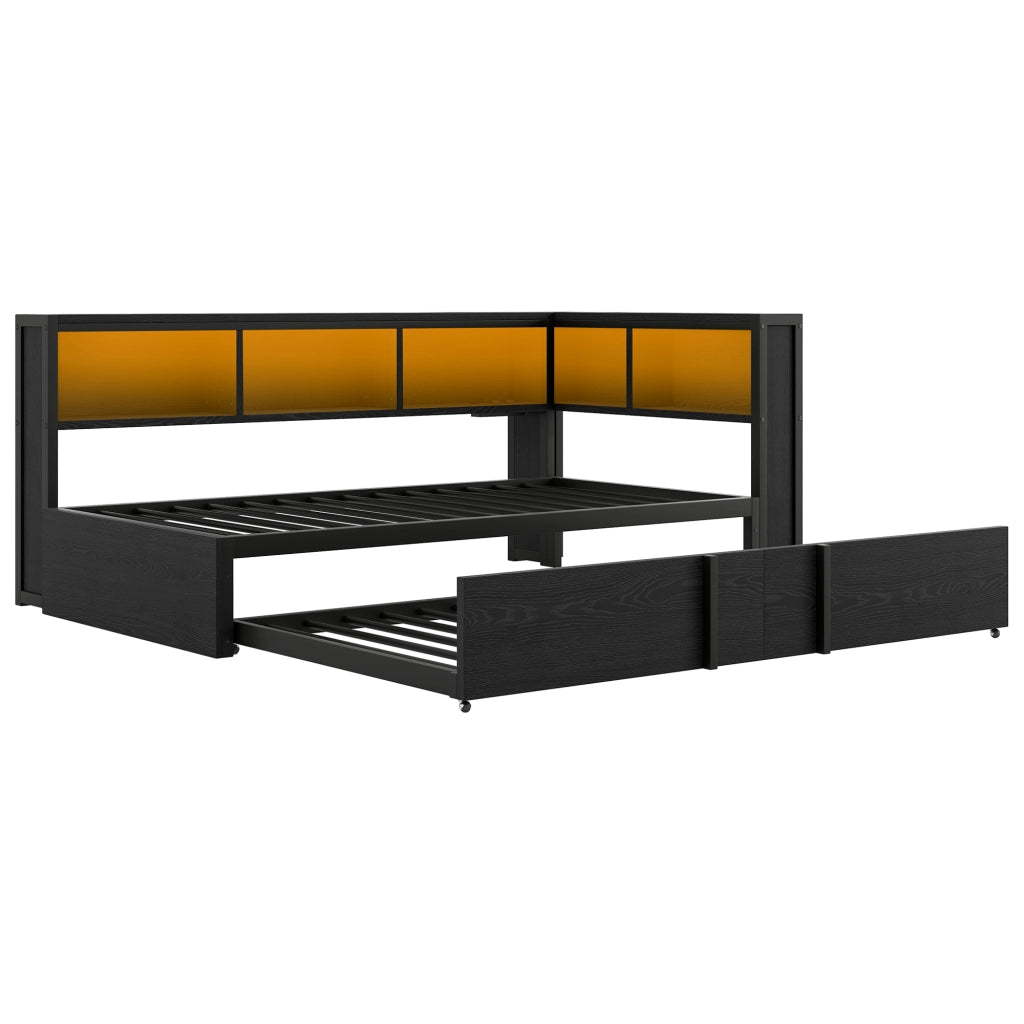 Letto a Divanetto 90 x 200 cm con estraibile; 5 armadi; LED e USB in metallo e MDF nero
