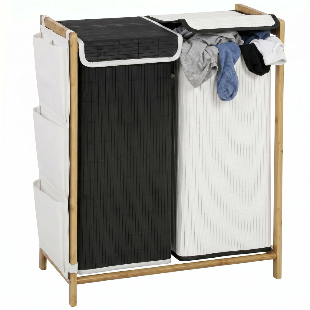 Cesto Portabiancheria 2 Scomparti 120L con Coperchi, Tasche Laterali, Sacchi Estraibili per Camera da Letto