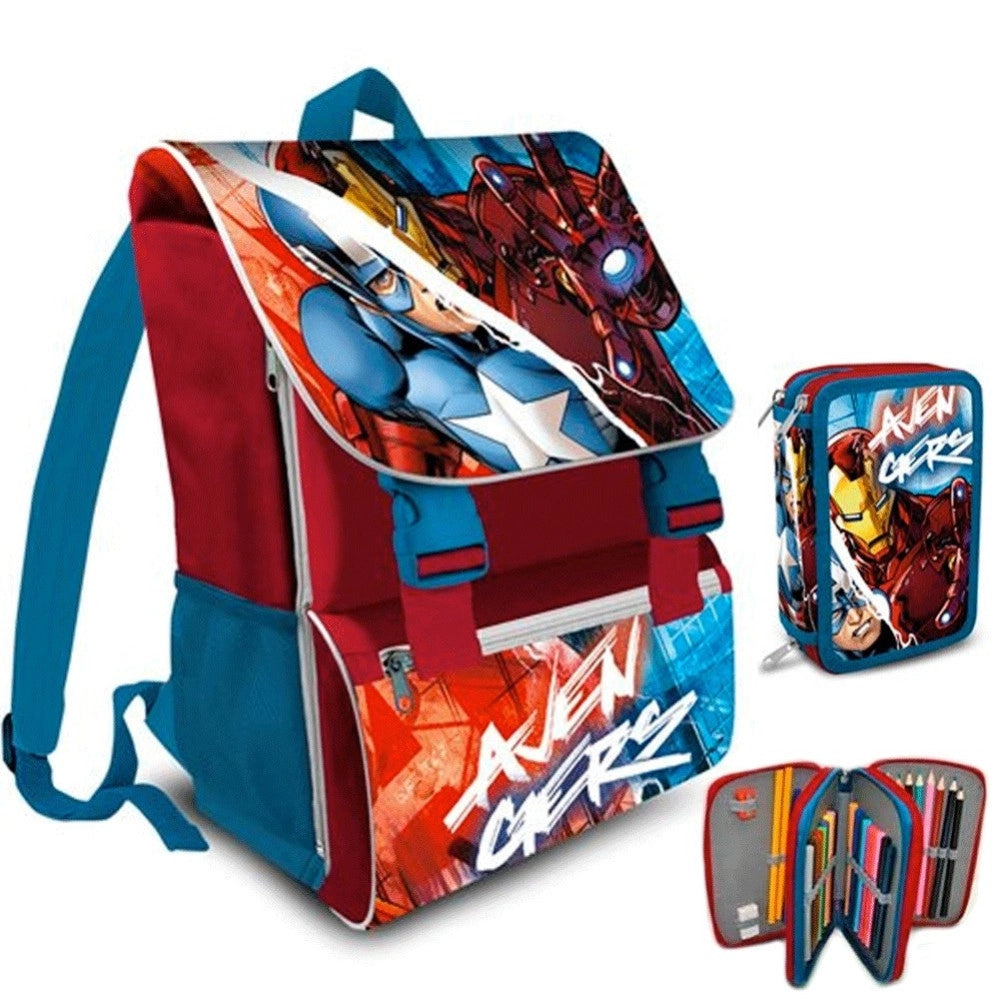 Trade Shop - Zaino Scuola Estensibile Avengers Cartella + Astuccio Completo 3 Zip Elementari -