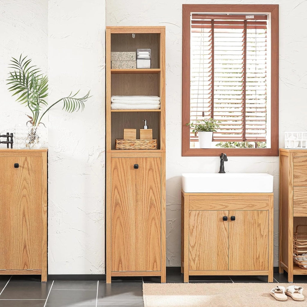 Mobile Bagno Armadio da Bagno con Sacco per Biancheria, Mobiletto Salvaspazio Mobile Lavanderia 40x172x35 cm, MDF Naturale, Grande Capacità, Facile da Montare BZR95-N