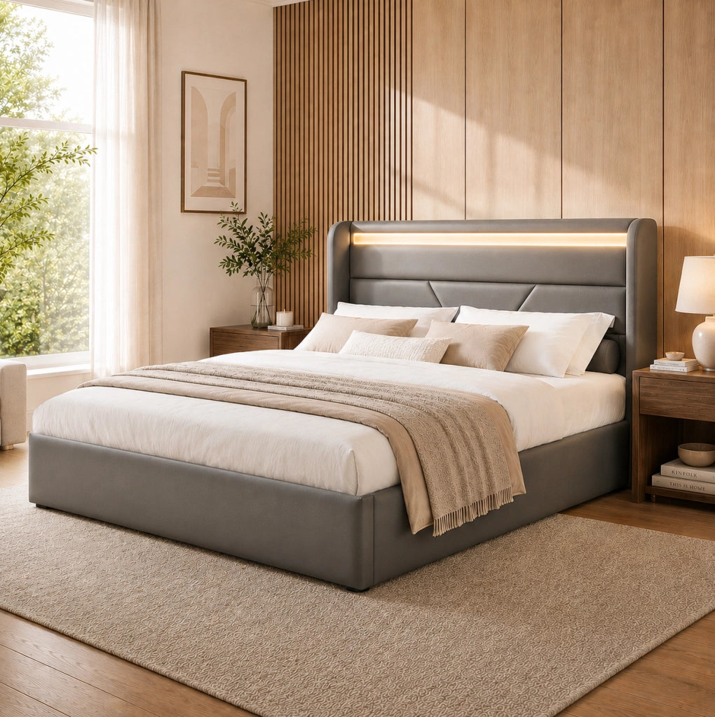 Letto imbottito 140x200 cm con contenitore; LED e sollevamento idraulico; PU grigio