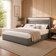 Letto imbottito 140x200 cm con contenitore; LED e sollevamento idraulico; PU grigio