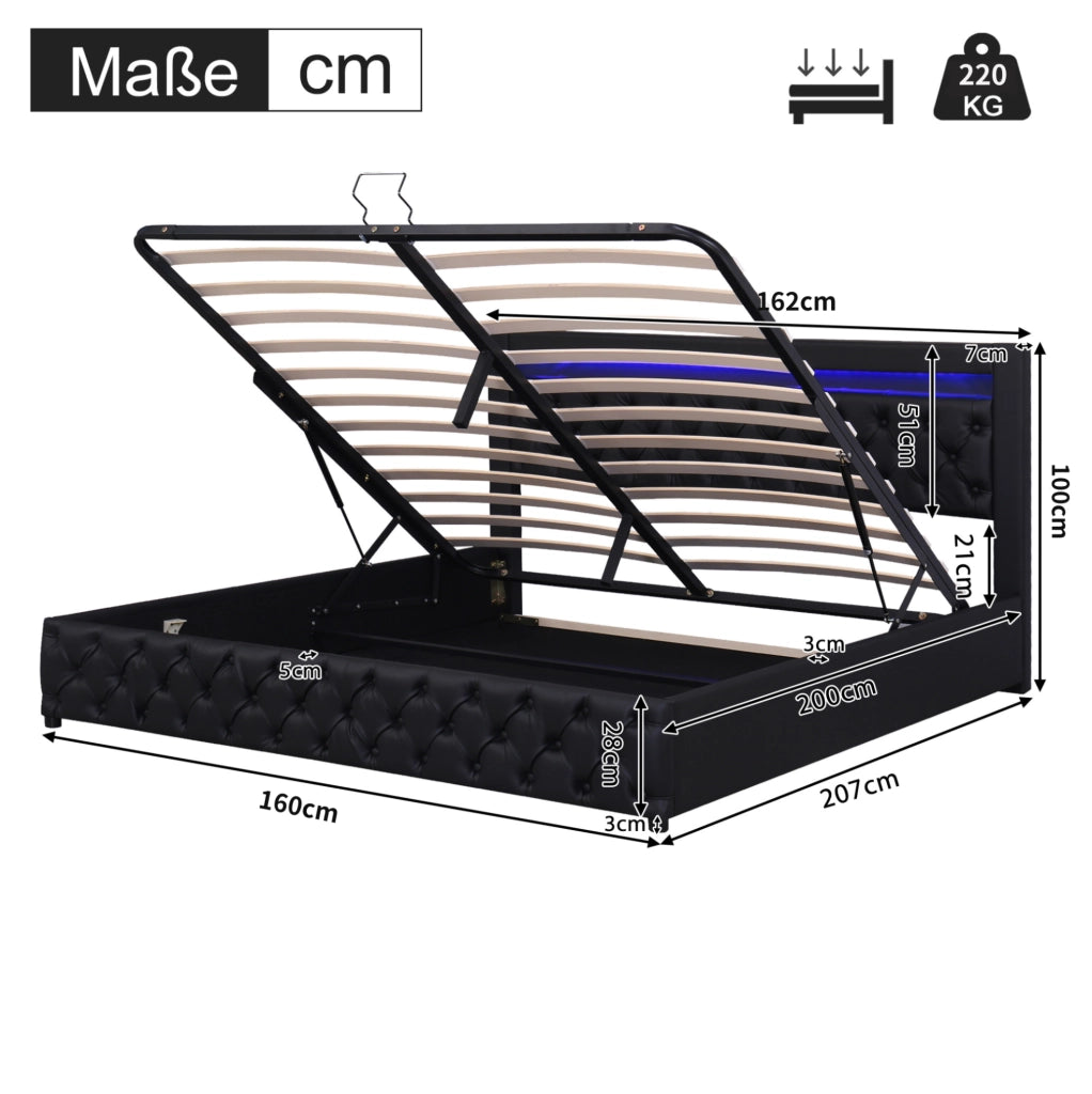 Letto contenitore imbottito 160x200 cm con LED; rete a doghe; PU nero