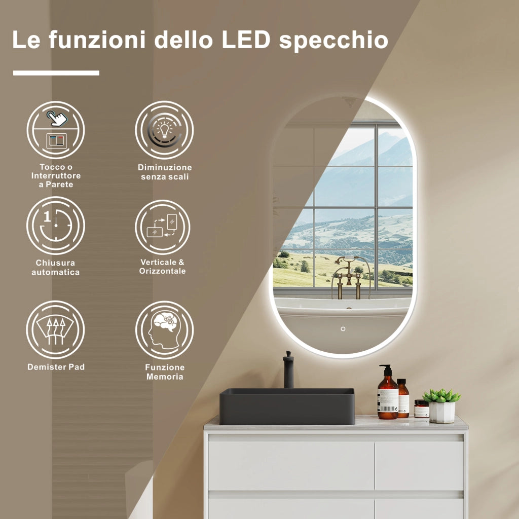 50 x 90 cm Specchio con illuminazione integrata bagno ciottolo. Touch. Pellicola Antideflagrante