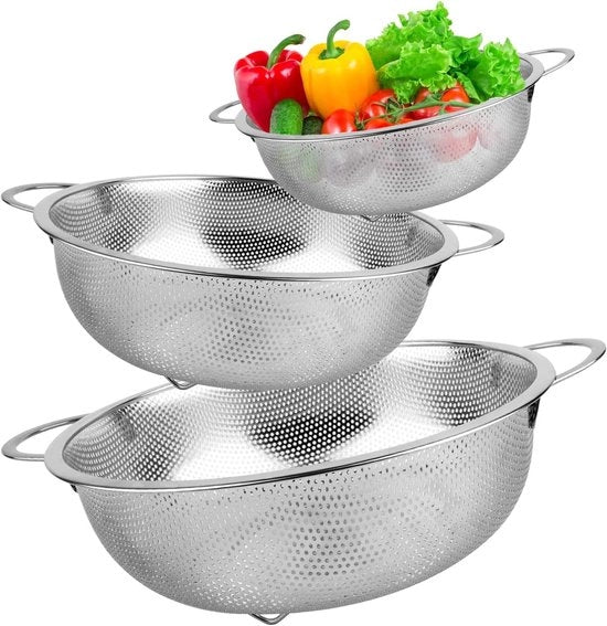 Set a 3 pezzi, setaccio per pasta in acciaio inossidabile con maniglie, setaccio per cucina, microforato, lucido a specchio, setaccio metallico per pasta, frutta, riso, verdure, setaccio per riso.