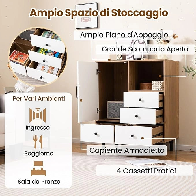 Credenza a Buffet, Armadietto da Cucina con 4 Cassetti, Scomparto Aperto e Gambe in Metallo, per Sala da Pranzo, Soggiorno, Ingresso, 80 x 45,5 x 97,5 cm (Naturale)