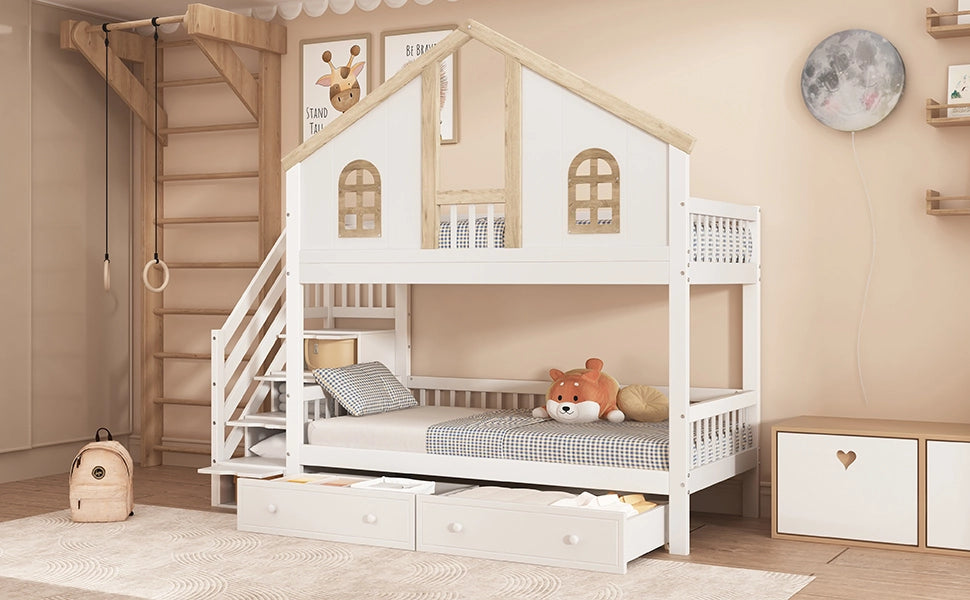 DESMIU Letto a castello bambino 90 × 200 cm con finestre, scala contenitore, 2 cassetti, senza materasso