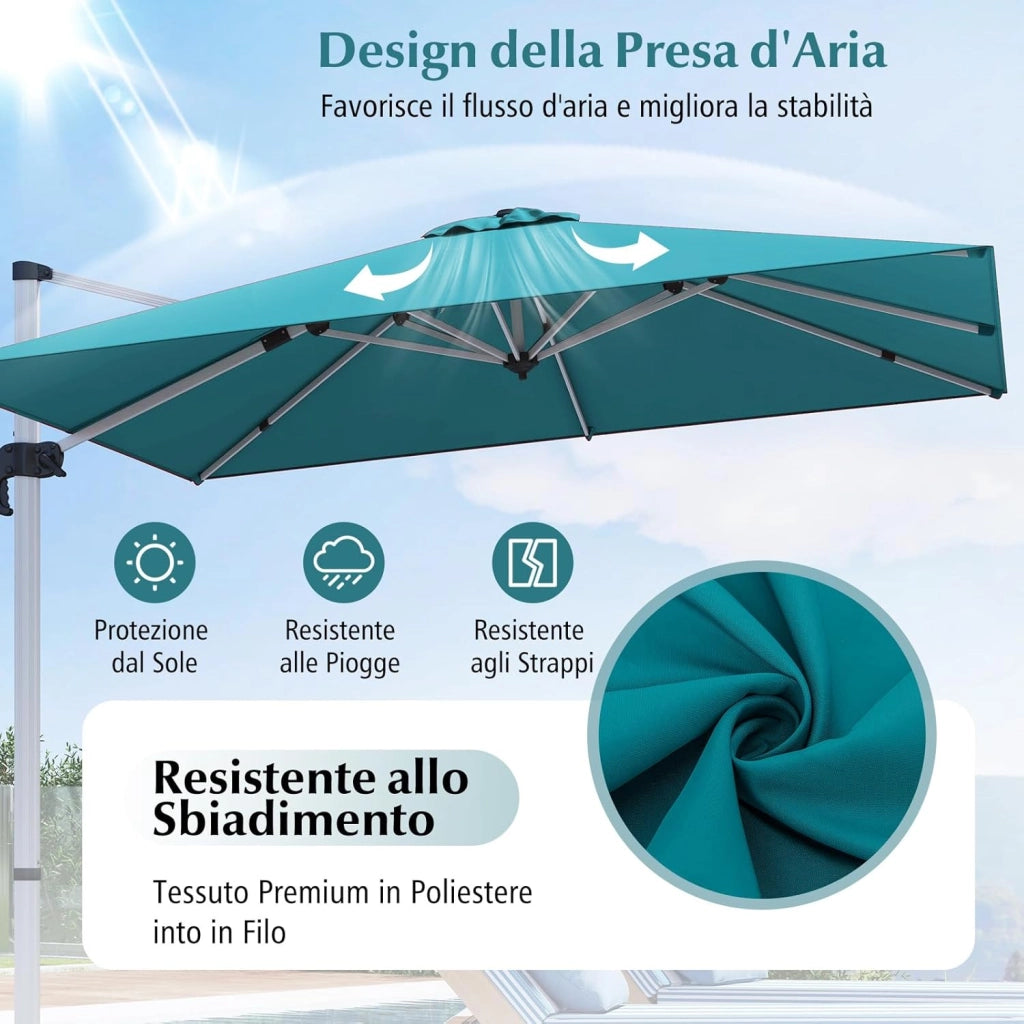 Ombrellone da Giardino 300 cm, Ombrellone Quadrato da Esterno con Rotazione a 360°, Inclinazione Regolabile, Base a Croce, 8 Stecche (Blu)