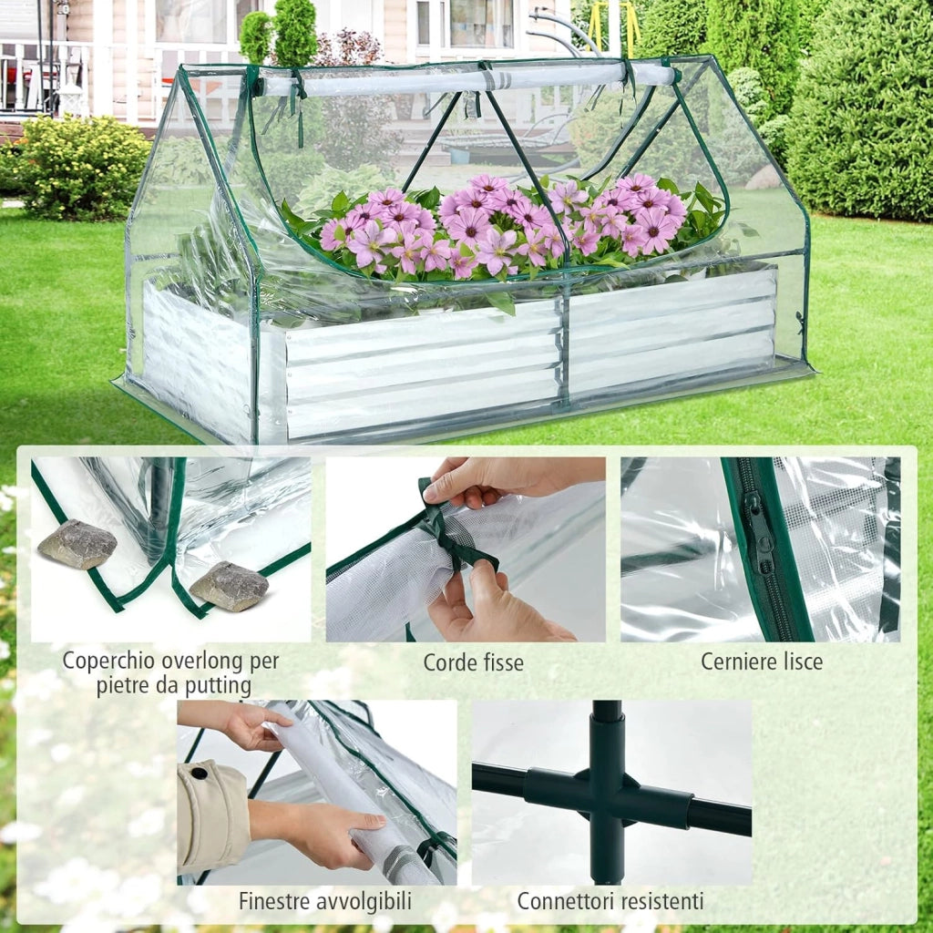 Orto Rialzato Zincato con Serra, Aiuola Senza Fondo con Copertura Trasparente, Fioriere con Finestre Avvolgibili per Giardino e Terrazzo, 180 x 90 x 91 cm