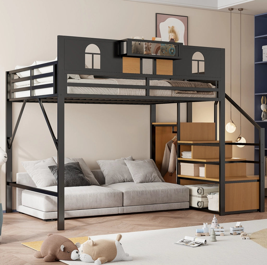 Letto a soppalco 140x200 cm con scaletta contenitore e mensola in metallo nero
