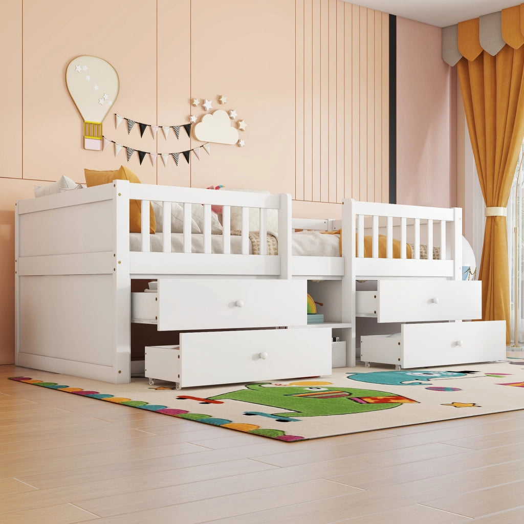 LETTO Semialto 90x200 cm con 4 cassetti scala e sponde in legno di pino bianco