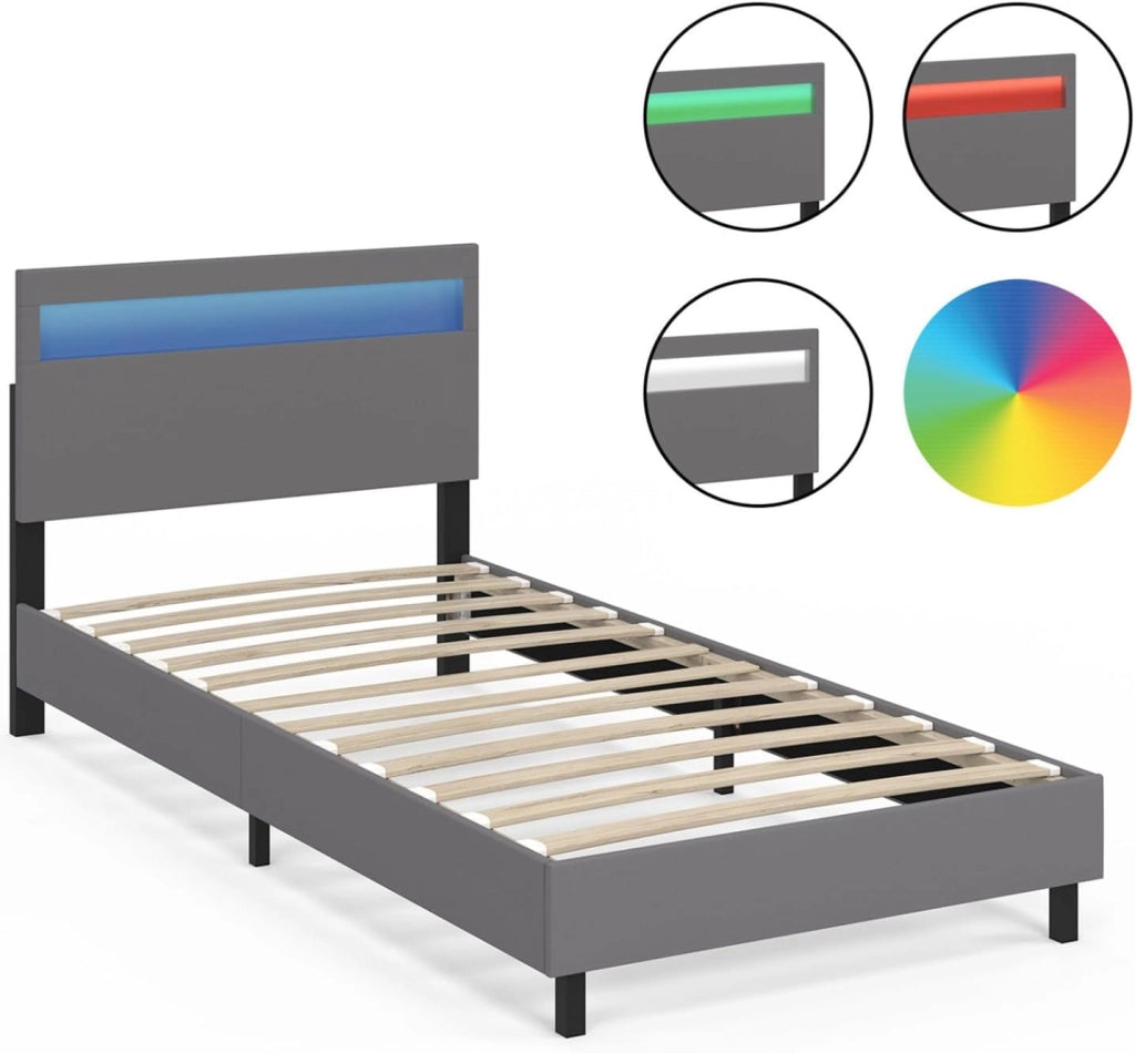 Letto singolo NEO con testata LED integrata e rete 90 x 190 cm PVC grigio