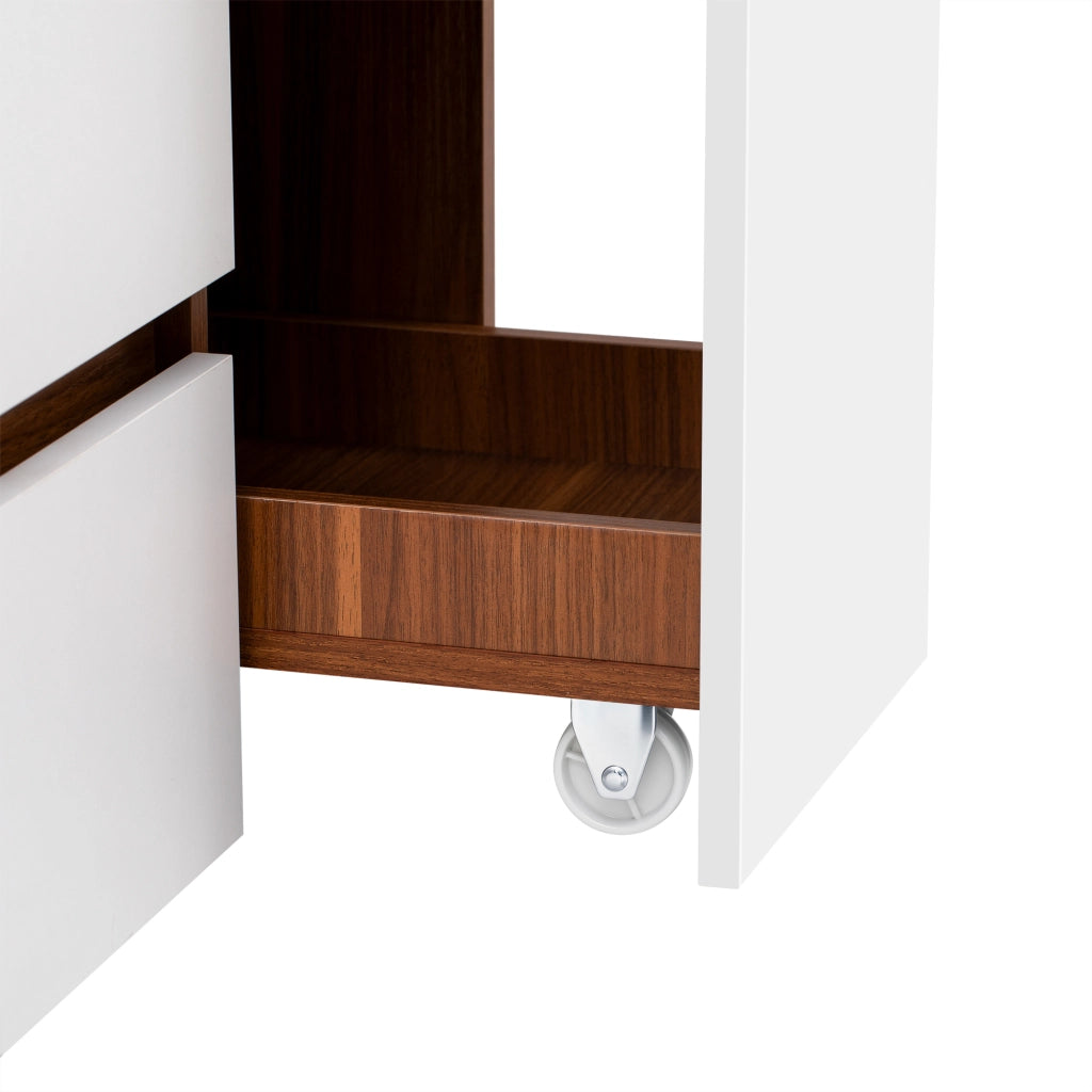 Credenza alta 100x40x200 cm con ripiano estraibile e cassetti in MDF bianco e noce