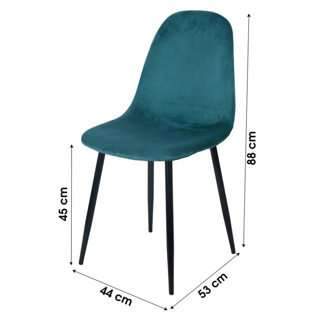 Set di 4 sedie LOLY, seduta e schienale in velluto blu petrolio, struttura in metallo nero.