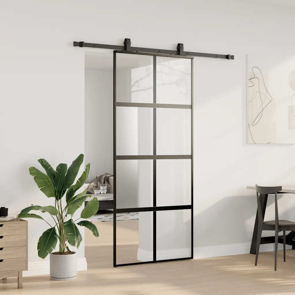 Porta Scorrevole Set Ferramenta Nera 90x205 cm Vetro Temperato 3375833