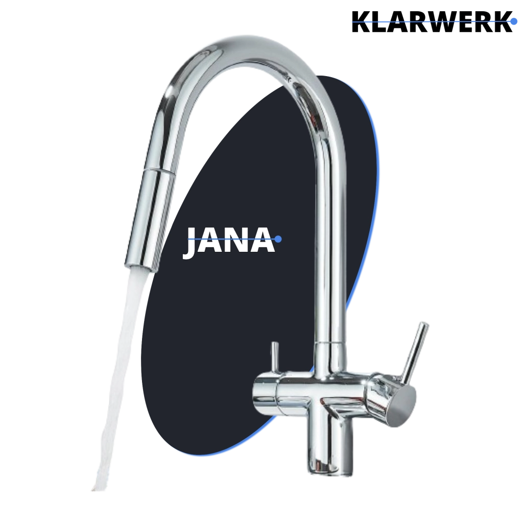 Jana | Rubinetto estensibile premium a 3 vie cromato lucido | Rubinetto osmosi da cucina in acciaio inox |. Filtro 3 connessioni ad arco alto