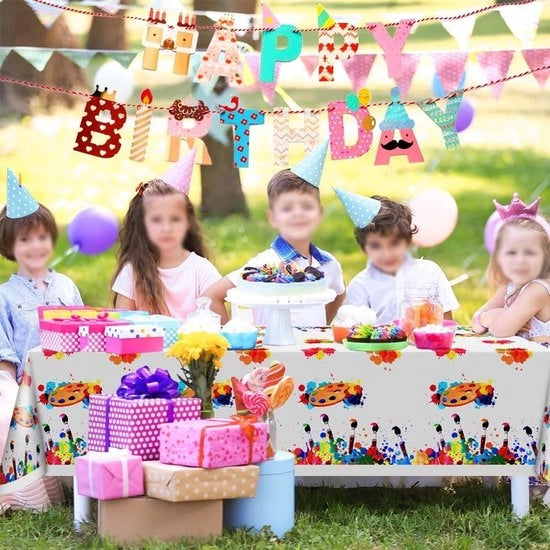 Tavolo da disegno con tema artistico 130 x 220 cm, decorato a mano con tema d'arte per festa di compleanno bambini.