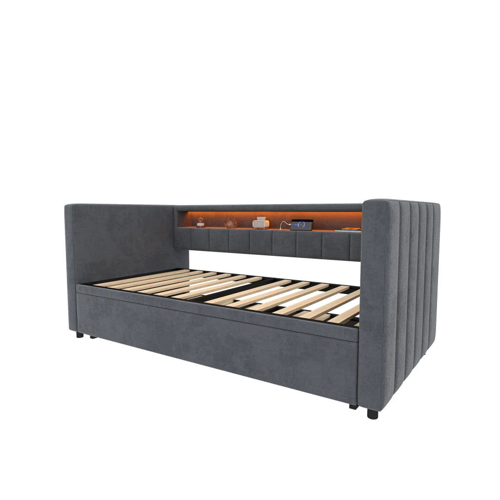 Divano letto estraibile 90x190 cm con LED; USB Type-C; velluto grigio scuro