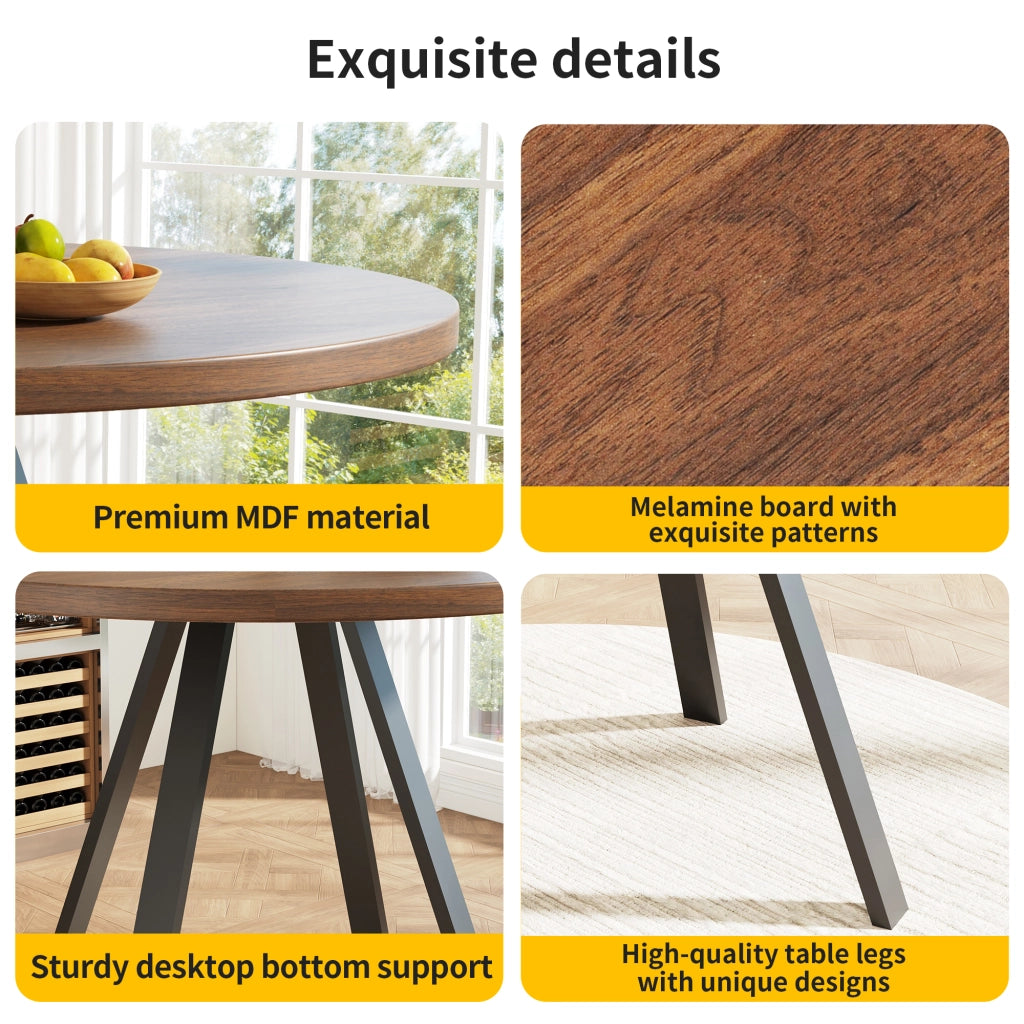 Tavolo da pranzo rotondo con piano in MDF e gambe in ferro colore noce e nero 80 × 80 × 75 cm