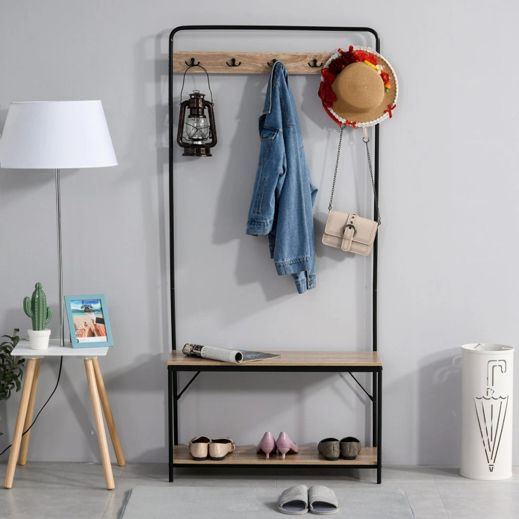 Appendiabiti Panchina per Ingresso con Scarpiera 80,5x30x170 cm in Acciaio e Truciolato  Rovere e Nero