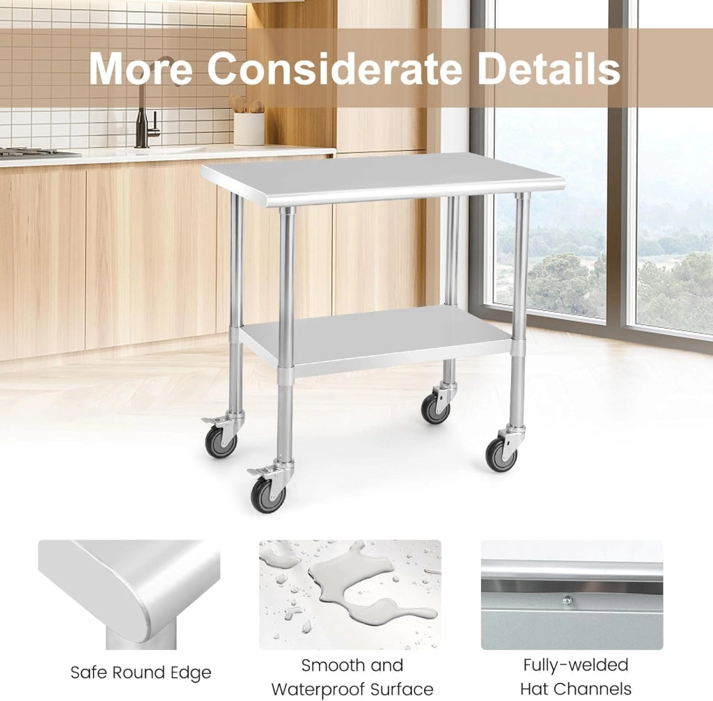 carrello portautensili in acciaio inox con ruote, altezza regolabile, tavolo da cucina per preparazione cibi a 2 livelli, tavolo smontabile con capacità di carico 250 kg per ristorante e