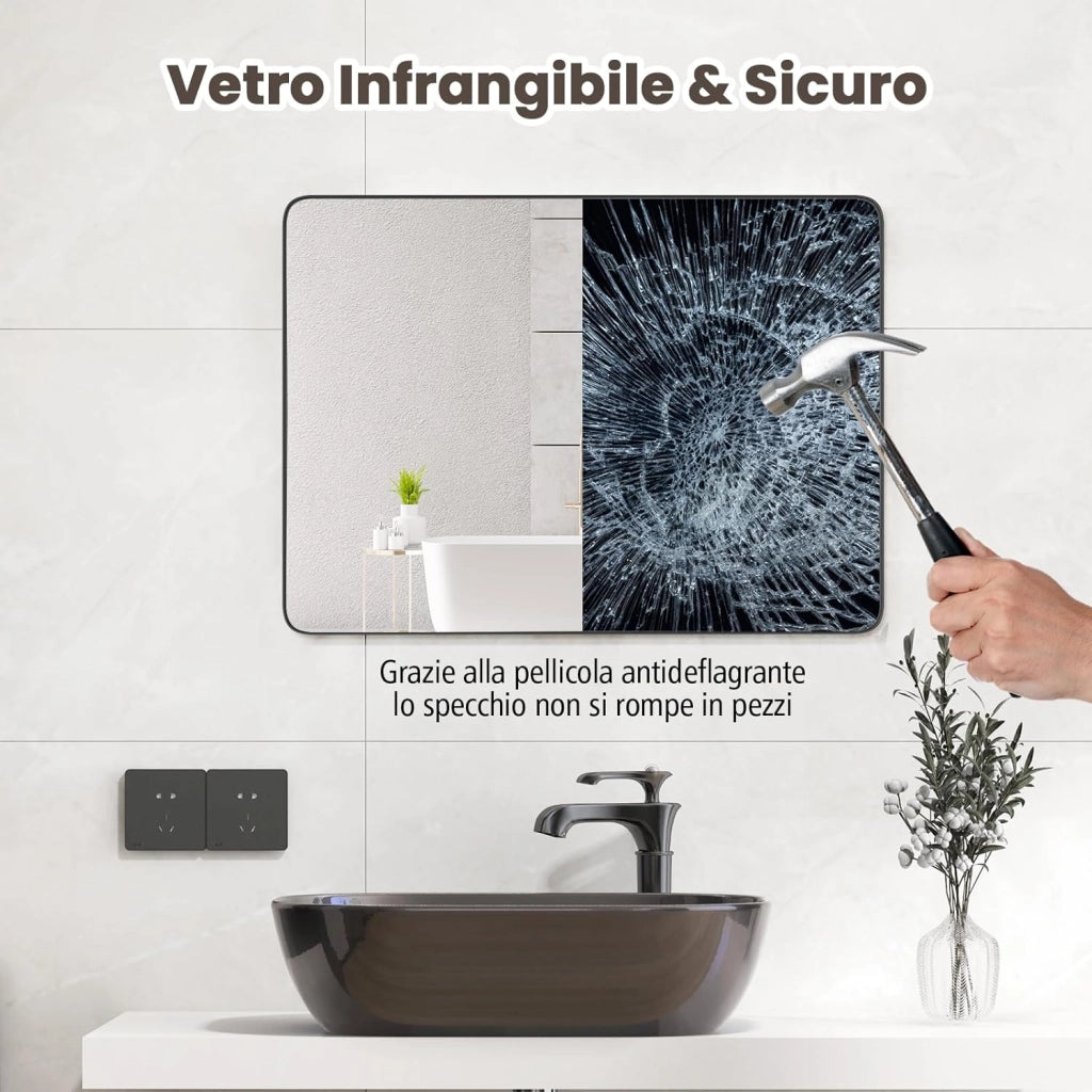 Specchio da Parete 76,5 x 56 cm, Specchio da Bagno Rettangolare con Pellicola Antigraffio, Cornice in Metallo Antiruggine, Ideale per Bagno Soggiorno Ingresso, IP44