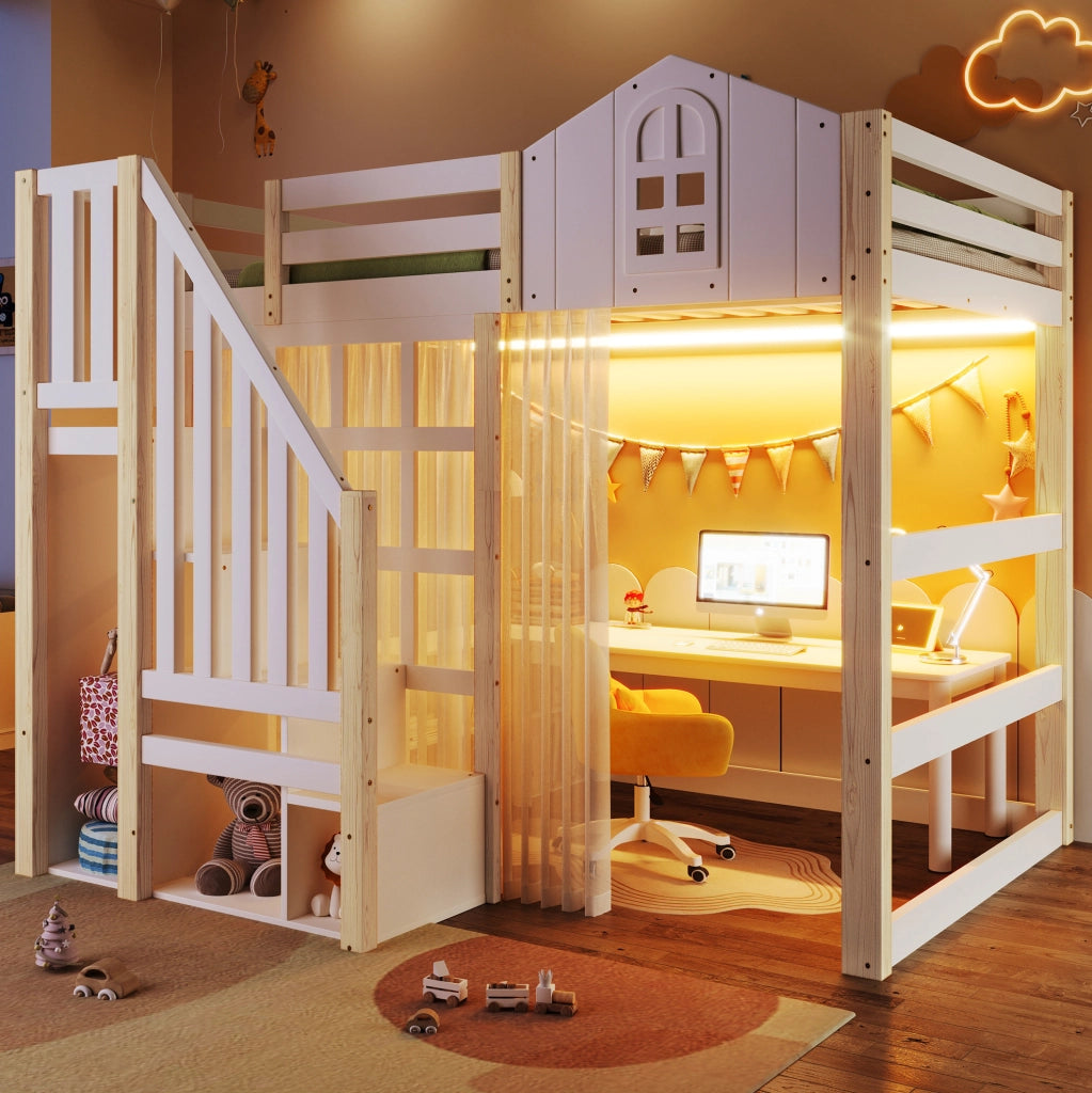 Letto a castello 140x200 cm con LED, scala contenitore e spazio privato