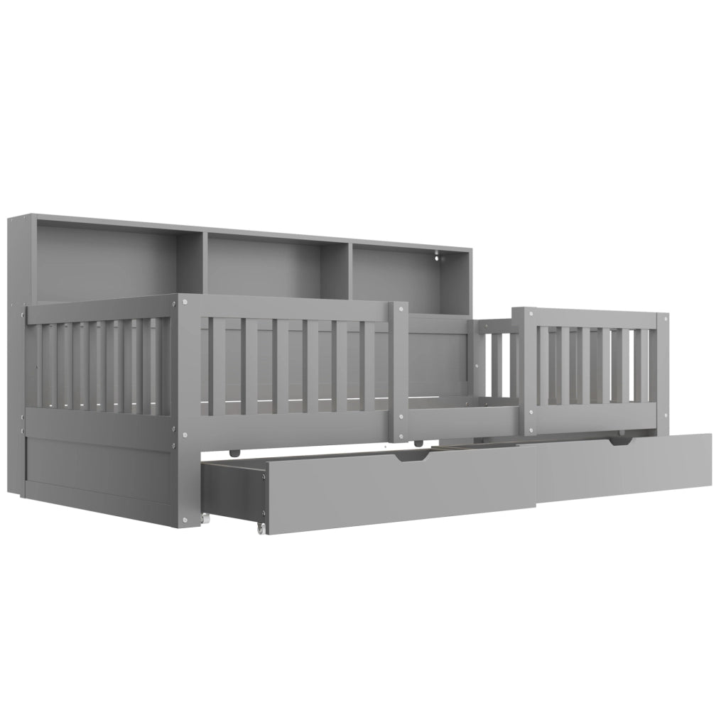 Letto per bambini 90x200 cm con sponda di sicurezza; cassetti; ripiani e LED; grigio