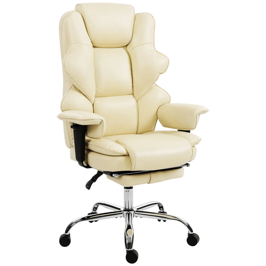 Sedia da Ufficio con Schienale Imbottito e Poggiapiedi ¨C Zephmum ¨C Pelle PU, Metallo, Bianco Crema, 76x73x117-125 cm