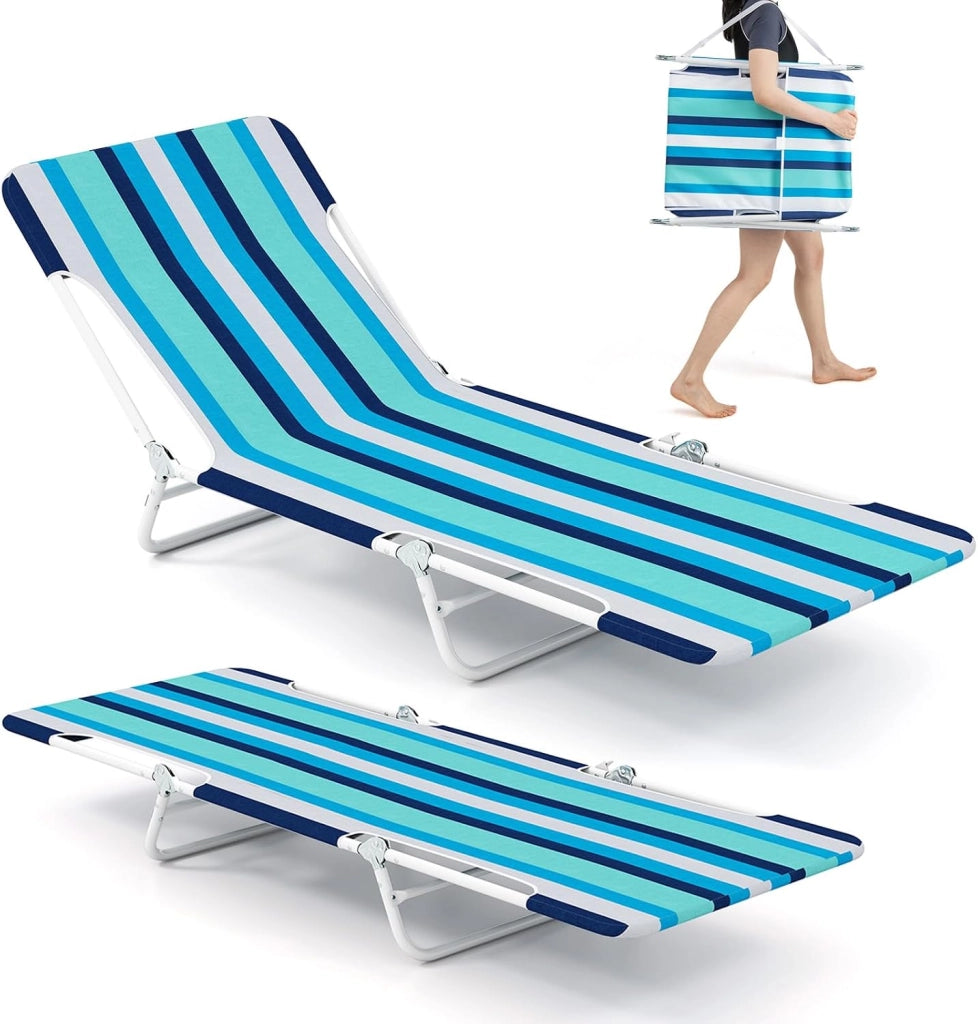 Set di 2 Lettino da Spiaggia Pieghevole, Sedia Reclinabile da Spiaggia a 5 Posizioni con Cinghia, Sedia a Sdraio Portatile da Campeggio Patio, Portata 150 kg (A Righe)