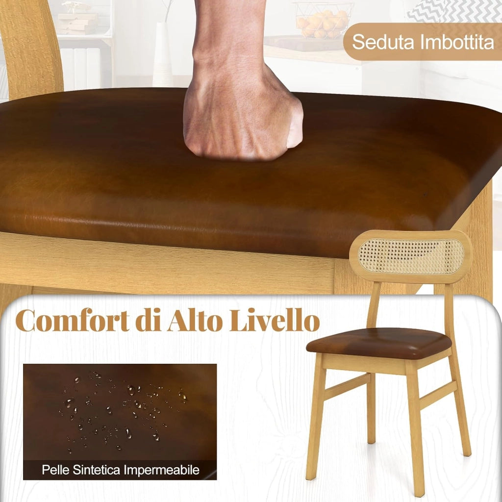 Set 2 Sedie Sala da Pranzo 49 x 48 x 79cm, Sedie da Cucina Moderno con Schienale Ergonomico in Rattan e Seduta in Pelle, Capacità di Carico 180 kg, per Soggiorno e Salotto (Marrone)