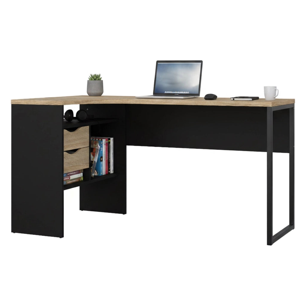 Scrivania Moire, Scrittoio multiuso, Tavolo per ufficio porta PC, Piano di lavoro, 145x81 h77 cm, Nero e Quercia