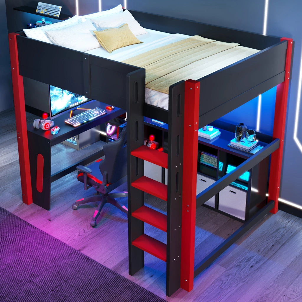 Letto a soppalco per bambini 140x200 cm, letto rialzato con scrivania integrata, pannello forato, illuminazione LED, pino, nero