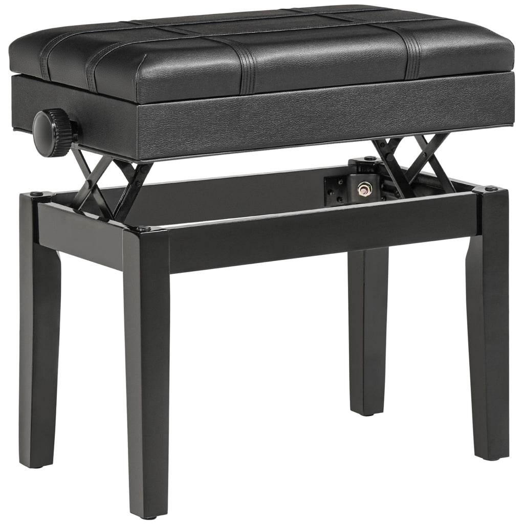Panca Pianoforte Regolabile con Contenitore, Seduta Imbottita in Similpelle, Nero, 63x35x46-56 cm