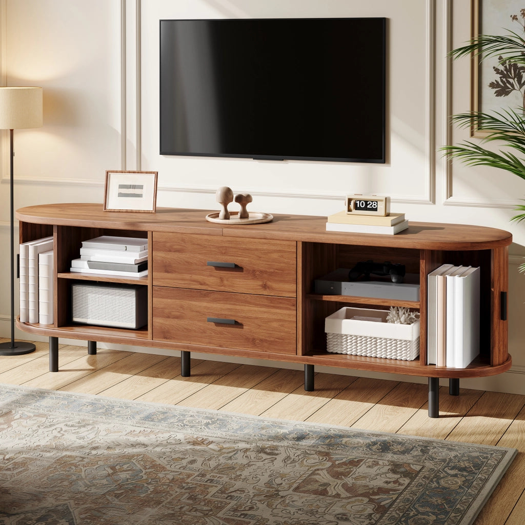 Mobile TV con 2 porte scorrevoli; 2 cassetti e 5 piedi in metallo; vani aperti; per soggiorno; 160 × 40 × 55 cm