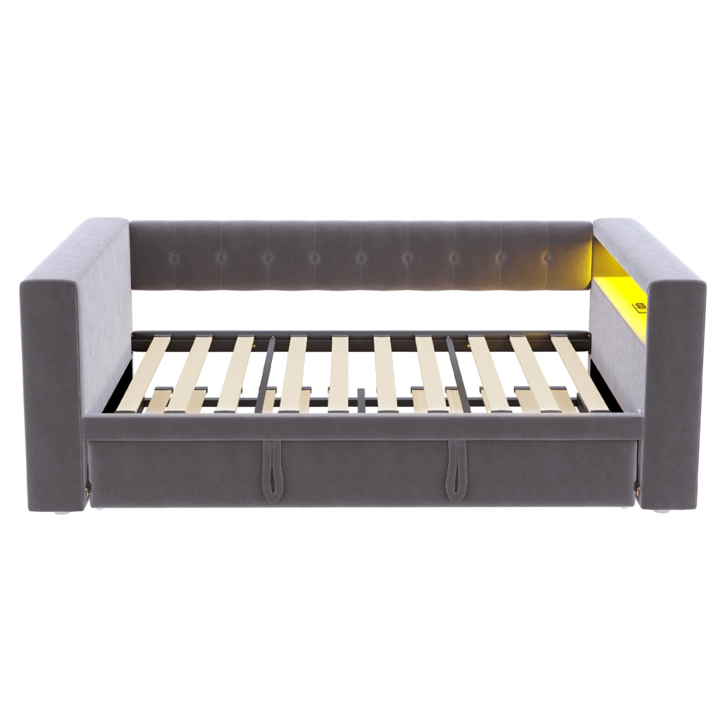 Divano letto multifunzionale 90/180x190 cm in flanella grigio scuro con LED, presa integrata e vani contenitore