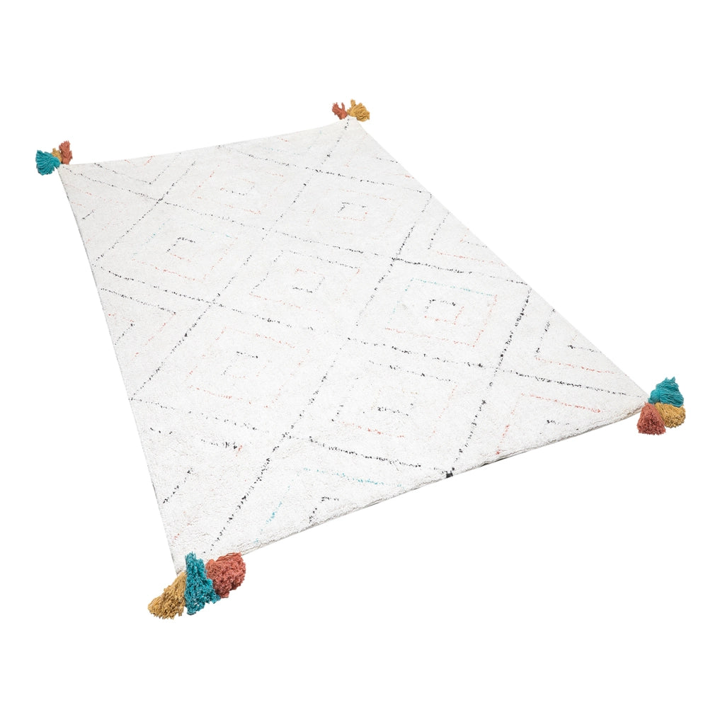 Tappeto tappetino Shaggy Cotone Bianco 140 x 200 cm Motivo Geometrico Multicolore