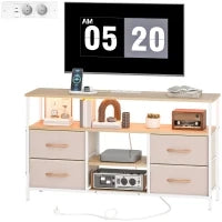 Mobile TV con Luce LED e Prese Porte USB Ripiani Aperti 4 Cassetti pieghevoli 120x30x67,5 cm Beige e Bianco