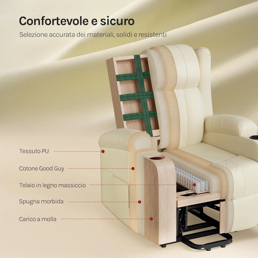 Poltrona Elettrica Reclinabile, Sedia Massaggiante con Alzapersone, Riscaldamento, Poggiapiedi, Tasche Laterali, Porta USB, Portabicchieri, per Soggiorno, PU, Beige, SKS62be