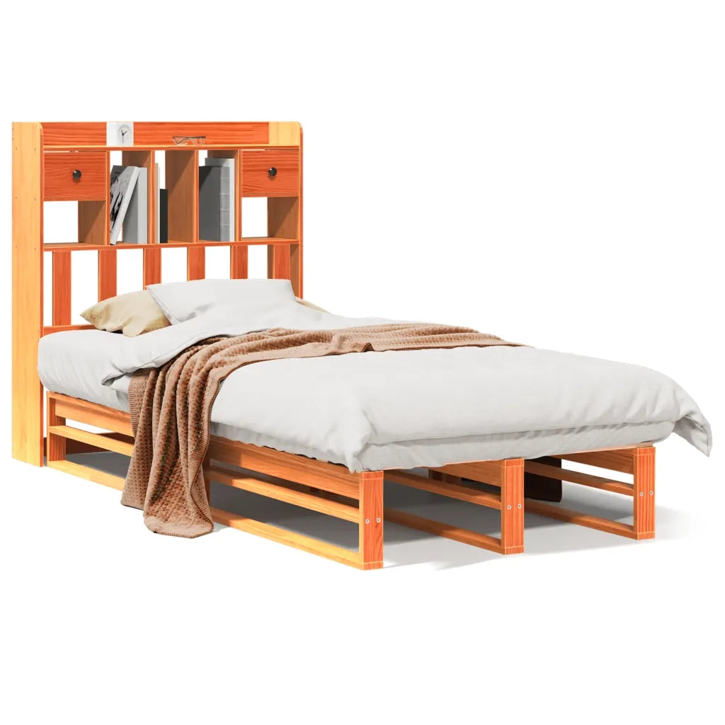 Letto Libreria senza Materasso-Struttura Letto con contenitore Marrone Cera 100x200 cm in Pino 402823