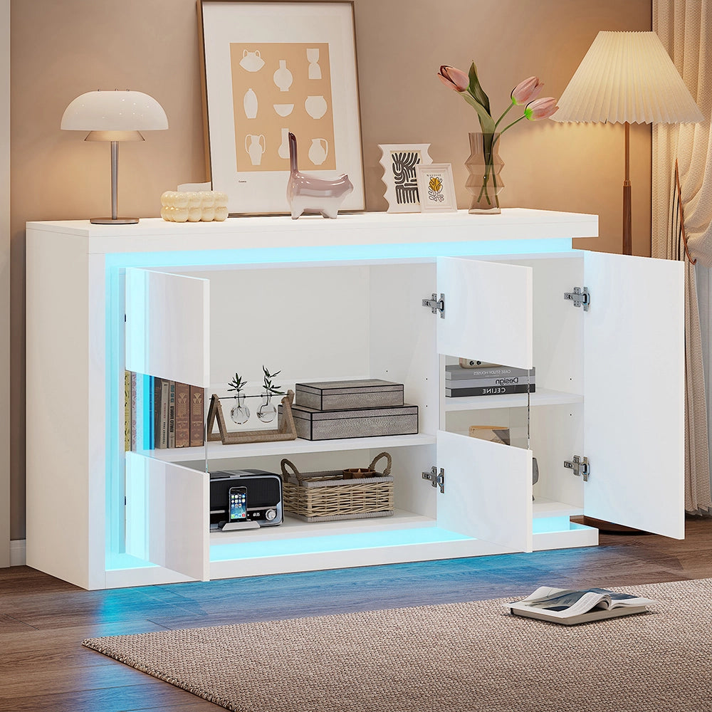 Credenza Soggiorno 140x40x84cm - Xylo - 4 Scomparti Lucidi con LED e Vetro