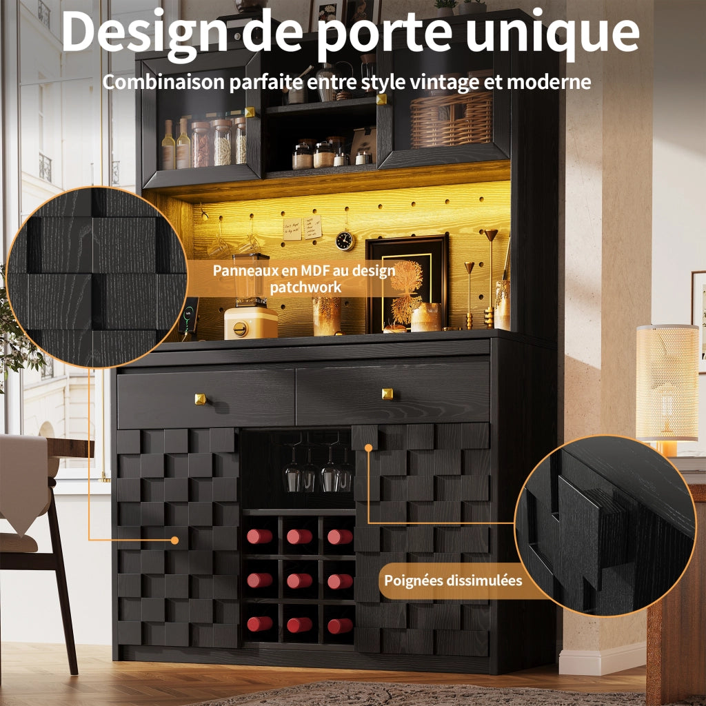 Colonna cucina LED con ripiani regolabili; portabottiglie; prese USB e pannello forato; nero; 120 × 40 × 178 cm