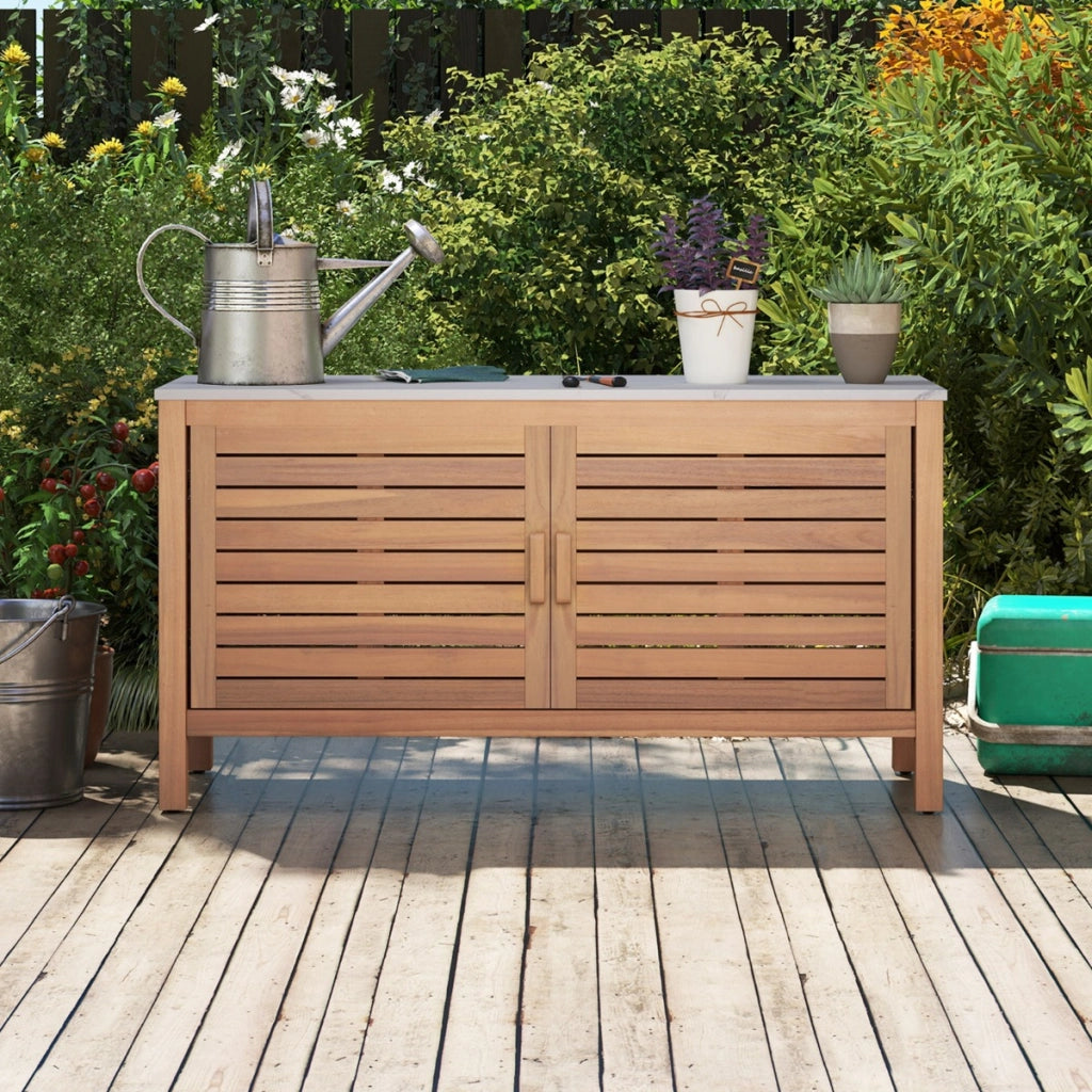 Mobile contenitore da esterno per patio a 2 ante con piano in finto marmo-Credenza da esterno per giardino Naturale