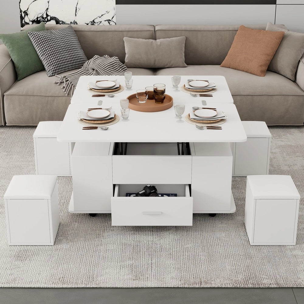 Tavolino da caff¨¨ 4 in 1 trasformabile ¨C Minimal ¨C bianco, con cassetti e 4 sgabelli