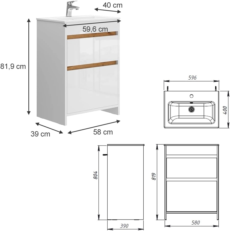 Set di mobili da bagno Detmold, Bianco lucido/oro power oak, 59.6 cm, composto da mobile sottolavabo e lavabo