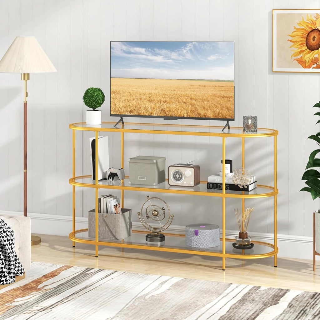 Mobile Porta TV fino a 65’’, Tavolo Consolle TV con 3 Ripiani in Vetro Temperato, Supporto TV con Struttura in Metallo, per Soggiorno, Camera da Letto