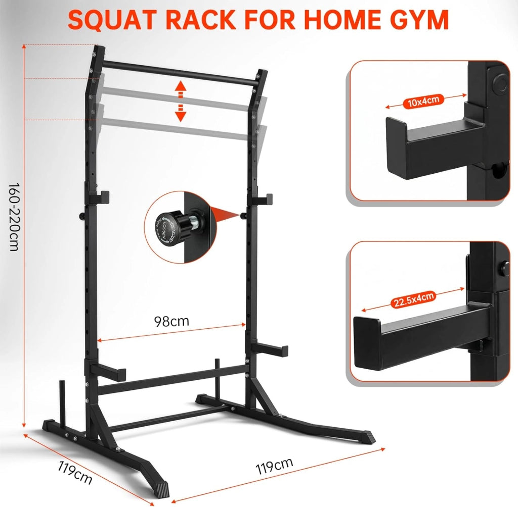 Power Cage Squat Rack - Rack di potenza multifunzionale per asta di casa, palestra, gancio a J regolabile e barre di sicurezza per trazioni con bilanciere