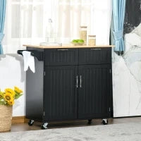 Carrello da Cucina Multiuso in Legno con 2 Cassetti, Armadietto e 4 Ruote, 104x46x91cm, Nero
