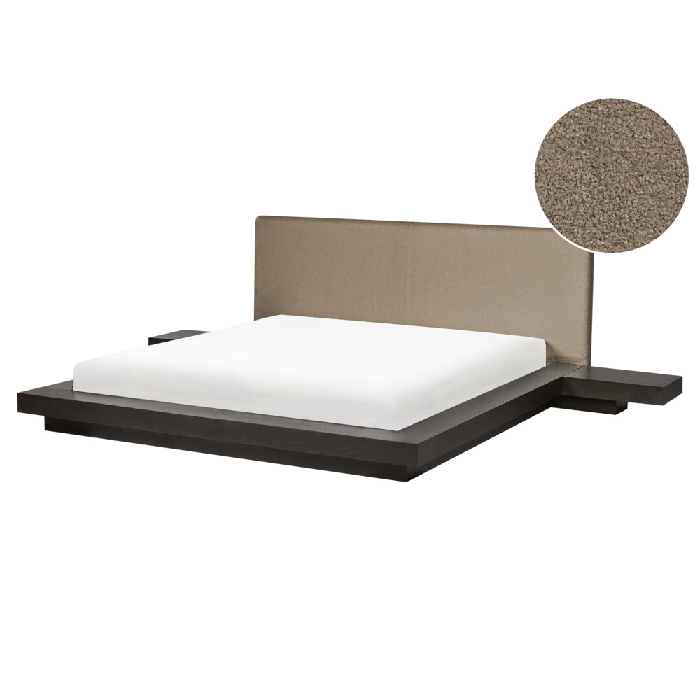 Letto matrimoniale ad acqua con testata e comodini in legno chiaro bouclé tortora scuro 160 x 200 cm stile giapponese